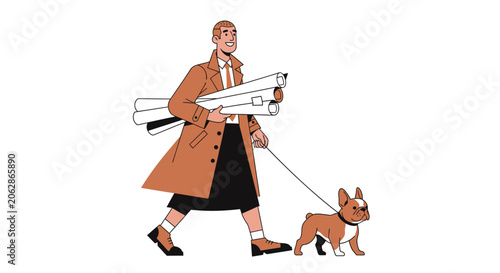 Woman walking dog while carrying large rolled papers.