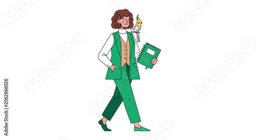 Cartoon woman in green suit holding folder and phone.