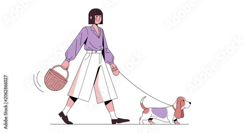 Woman walking her poodle on a leash outdoors.