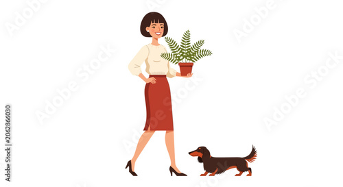 Woman in red skirt walking dachshund and holding potted plant.