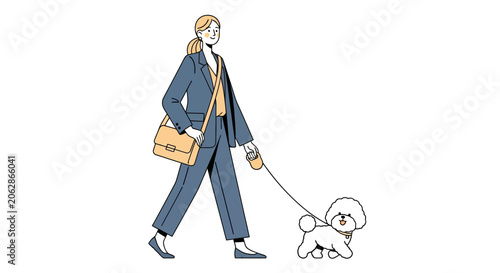 Woman walking small white dog on leash outdoors.