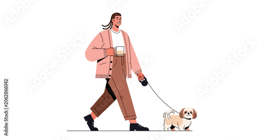 Woman in pink coat walking her small dog on leash.