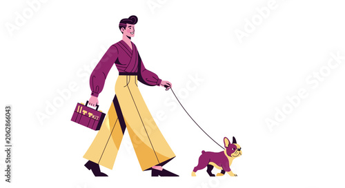 Woman in purple outfit walking her small dog on leash.