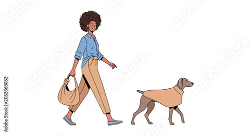 Woman walking her dog in casual outfit.