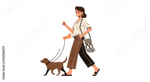 Woman walking her brown dog on a leash outdoors.