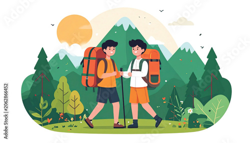 Two Hikers Walking with Backpacks.