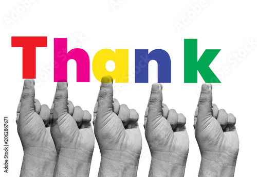 Obraz na plátne fingers pointing to the letters of Thank You, fingers spelling out Thank You, fi