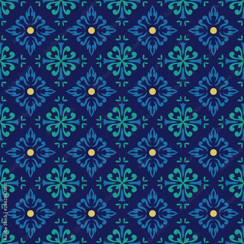 Fototapeta premium Classic damask floral seamless pattern in navy blue and teal. Luxury Mediterranean geometric ornament background for commercial interior wall decor, fashion fabric and textile