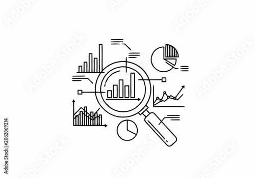 Magnifying Glass Analyzing Business Data Charts and Graphs.