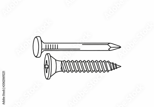 Line drawing of a nail and a screw essential fasteners for construction and DIY projects.