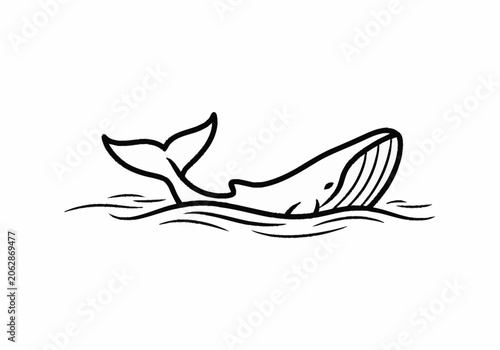 Minimalist Line Art Drawing of a Whale in Water.