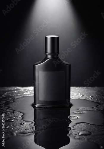 Black glass perfume bottle mockup with blank label and water droplets