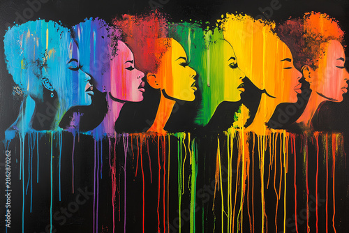 Vibrant faces with flowing colorful pigments on black. Great vibrant asset for makeup artist portfolio.