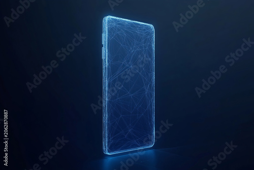 Digital connectivity device: abstract wireframe smartphone with blue glowing network, representing future mobile networks, virtual reality, and data exchange.