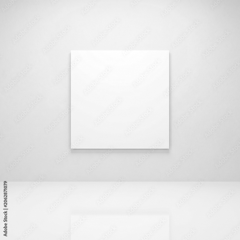 Fototapeta premium Blank white square canvas on neutral gray wall with soft shadow
