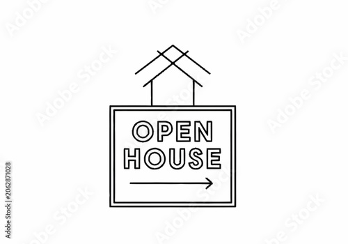 Open House Sign with House Icon Line Art.