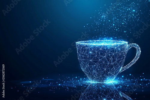Abstract wireframe cup with luminous steam highlights virtual comfort, modern beverage concept, and deep digital connection in cyberspace.