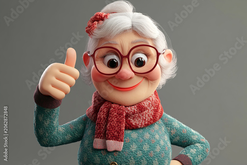 3D cartoon senior woman showing thumbs up illustrates strong approval, positive recommendation, and reliable quality service.