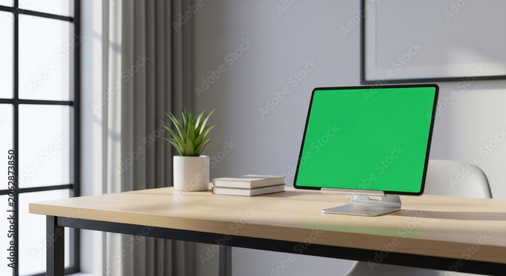 Fototapeta premium A modern office workspace with a computer monitor on a wooden desk indoors