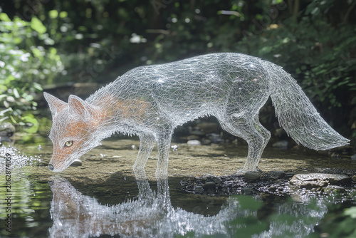 Surreal translucent fox statue standing in a forest stream. Ethereal artistic creation.