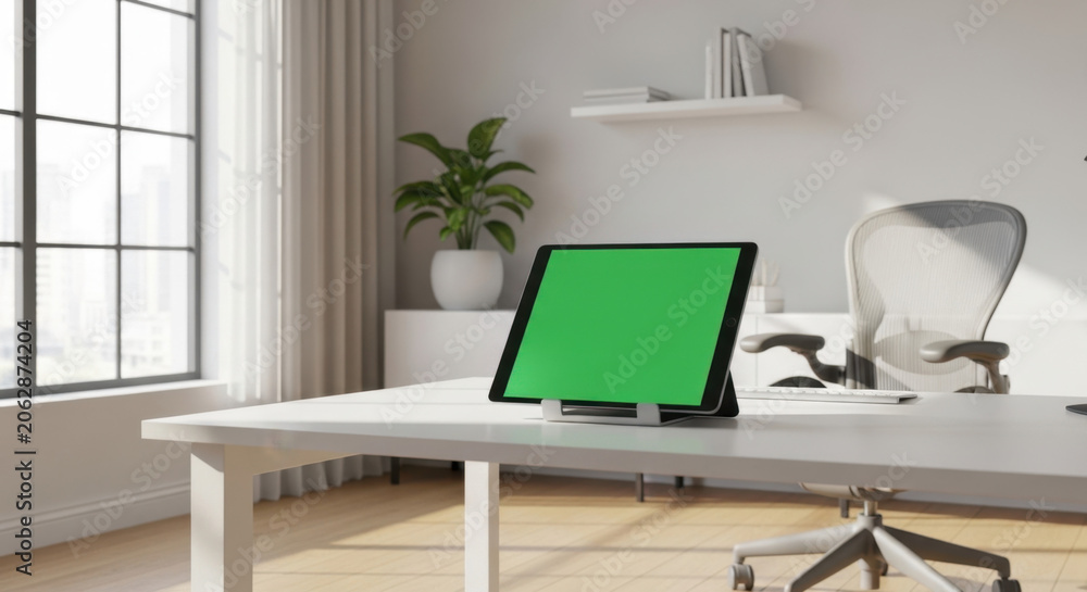 Fototapeta premium A green screen laptop sits on a white desk in a bright office room with a chair and plant.