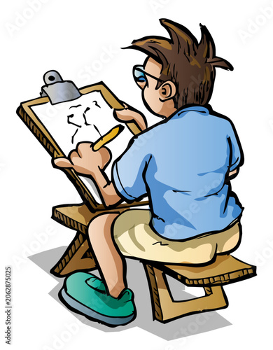 An illustrator sitting on a wooden bench and sketching on a drawing board