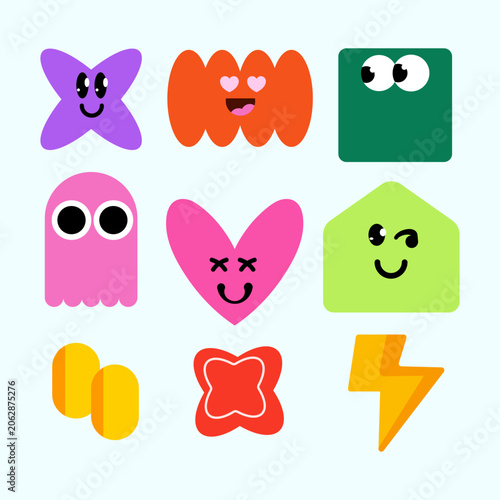 Vászonkép Colorful geometric set simple cartoon faces with expressive eyes and emotions, vector design for kids education, learning posters, and games