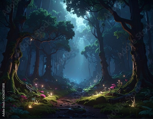 Enchanted forest pathway lit by glow