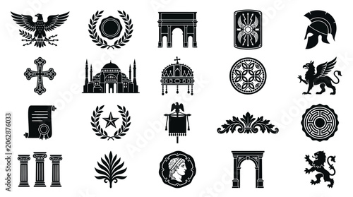 Ancient Roman and Byzantine Empire symbols and historical emblems set.