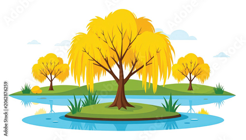 Yellow trees on small island landscape.
