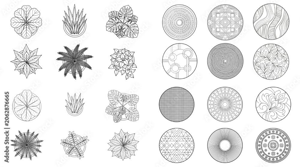 Obraz premium Top View Potted Plant and Round Rug 2D CAD Floor Plan Vector Symbol Set