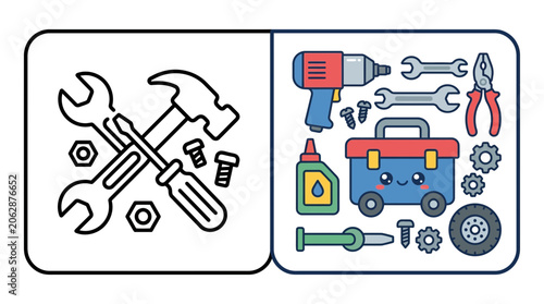 Cute cartoon tool set and toolbox illustration.
