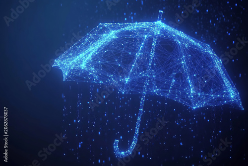 Cybersecurity & Digital Protection: a glowing blue wireframe umbrella, from which digital particles fall like rain, symbolizing robust cybersecurity and data protection solutions.