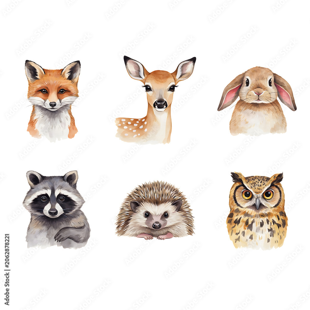 Fototapeta premium Wild animals gathered in a group portrait include a fox, deer, rabbit, raccoon, hedgehog, and owl painted in a soft artistic style.