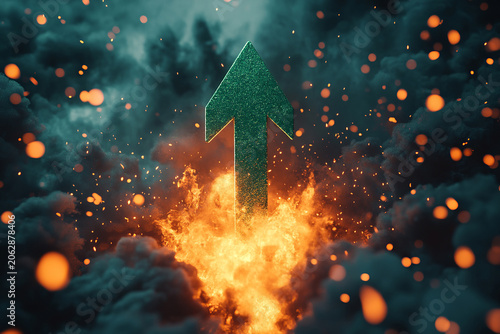 Growth & Explosive Success: a vibrant green arrow pointing upwards, emerging from a fiery orange and red explosion, symbolizing rapid growth, powerful success, and breakthrough achievements.