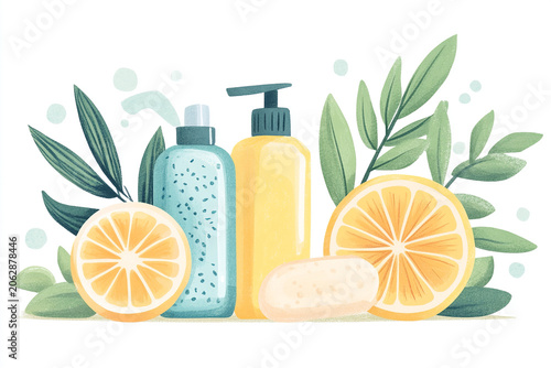 Refreshing natural citrus soap body wash natural ingredients surrounded by vibrant green leaves promoting healthy natural cleansing routine.