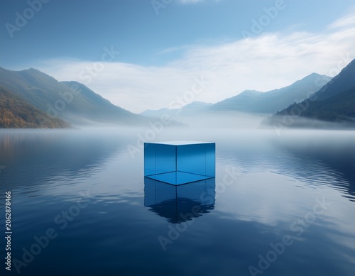 a floating blue cube centered above a calm lake with misty mountains in a minimalist surreal landscape soft daylight cinematic 3d render