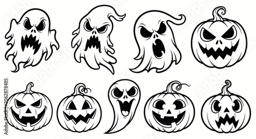 Bild auf Leinwand Halloween ghost and pumpkin icons with spooky expressions