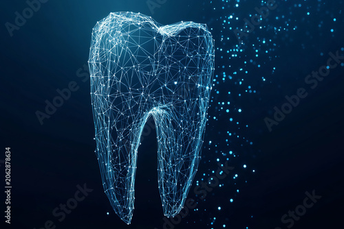Digital Dentistry & Medical Technology: a glowing blue wireframe tooth, composed of interconnected points and lines, symbolizing digital dentistry, advanced medical technology, and bioengineering.