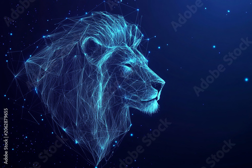 Abstract glowing blue wireframe lion?s head with a luminous eye on a dark, networked background represents digital zodiac, AI creativity, and technological innovation.