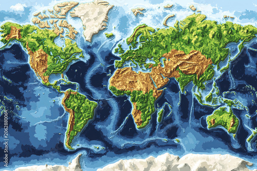 Sculptural planet surface represents world landscape. Diverse planet terrain promotes planet care and green growth.