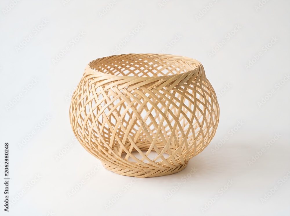 Obraz premium Handmade Woven Bamboo Basket with Open Lattice Pattern on White Background