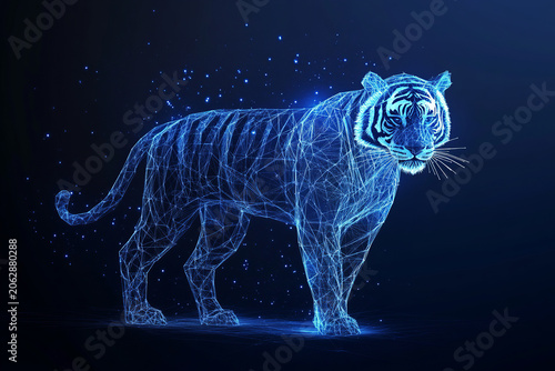Digital Wildlife & AI Power: a glowing blue wireframe tiger, composed of interconnected points and lines, symbolizing digital wildlife, the power of AI, and the future of technological strength.
