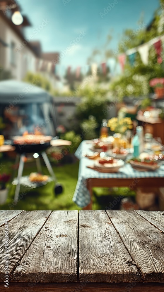 Fototapeta premium Outdoor summer garden party featuring a wooden table in the foreground and multiple food setups in the background with charcoal grills and a tent