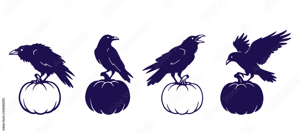 Obraz premium Black ravens sitting on pumpkins halloween vector illustration