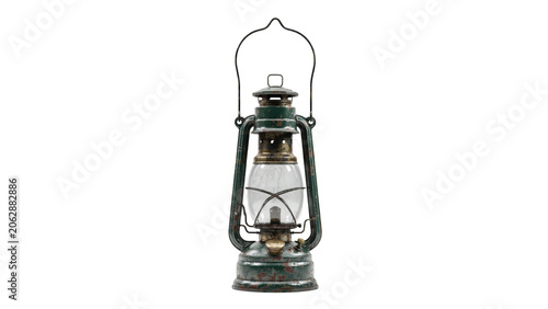 Фотография Vintage green metal oil lantern with glass chimney for camping and emergency lig