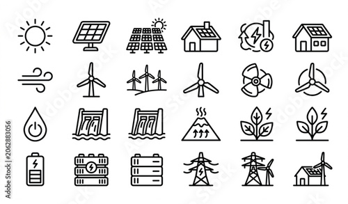 Tableau sur toile Clean monoline renewable energy farm vector icon matrix with solar panels and wi