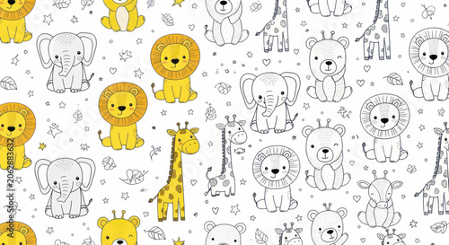 Canvas Print Seamless pattern with cute hand drawn safari animals and stars