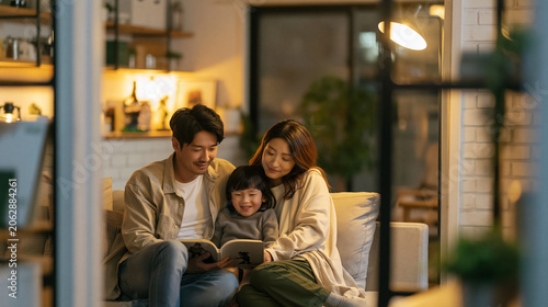 Happy family spending quality time together, parents reading a storybook to daughter on sofa in living room at night