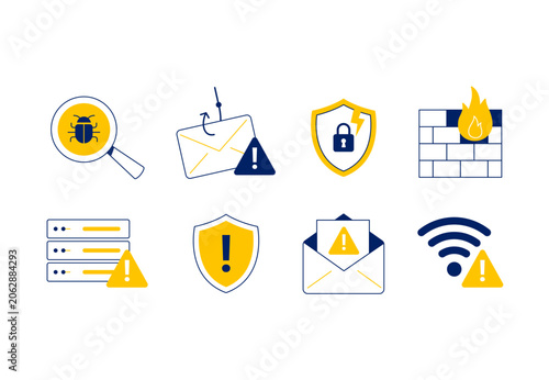 Cybersecurity icons set with phishing detection, malware alerts, firewall protection, secure servers, email security, and network threat monitoring. Vector flat illustrations on a white background.